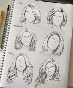 a hand holding a notebook with sketches of different women's hair styles on it