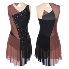 two dresses on mannequins, one in black and the other in brown