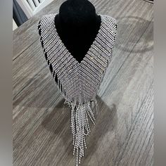 Brand New With Tags Stunning Long Cleavage Necklace Silver Necklace With Rhinestone Fringe For Party, Elegant Long Bib Necklace For Party, Silver Long Bridal Necklace For Party, Cleavage Necklace, Cascade Necklace, Spike Necklace, Statement Bib Necklace, Gold Statement Necklace, Beaded Statement Necklace