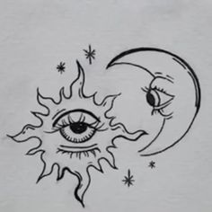 a drawing of an eye and the moon with stars around it on a white paper