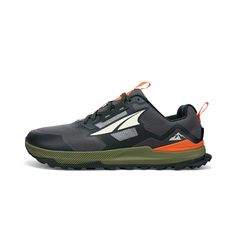 the men's altra trail shoe in black, orange and grey with white accents