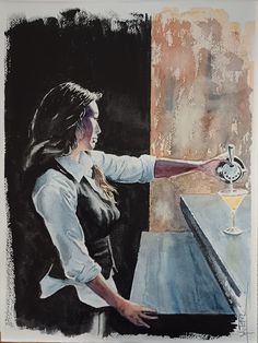 a drawing of a woman at a bar with a glass in her hand and a clock on the wall