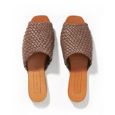 Either/Or: The Woven Leather Slide Sandals [Cacao] – E I T H E R / O R Luxury Summer Sandals With Intrecciato Weave, Luxury Evening Sandals With Woven Sole, Luxury Closed Toe Sandals With Intrecciato Weave, Woven Shoe, Ethical Shoes, Vacation Sandals, Pointy Shoes, Woven Leather Sandals, Huarache Sandals