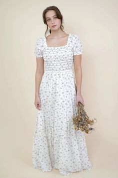 Shoppe Flora - Mykonos Floral Dress Square Neck Ditsy Floral Dress For Day Out, Floral Dress With Smocked Bodice For Garden Party, Summer Cotton Smocked Dress With Floral Print, Modest Maxi Dress With Ditsy Floral Print For Brunch, Spring Feminine Smocked Dress With Ditsy Floral Print, Summer Ditsy Floral Print Dress With Square Neck, Summer Floral Dress With Ditsy Print And Square Neck, Feminine Smocked Dress With Ditsy Floral Print For Spring, Spring Fitted Smocked Dress With Ditsy Floral Print