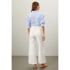 Off-white (63% Cotton, 35% Lyocell, 2% Elastane). Jeans & Denim. Front zipper fly with button closure. 28" inseam. 11.5" rise. Imported. Modern White Jeans For Work, Modern White Bottoms For Office, Modern White Office Bottoms, White Denim Jeans For Work, White Cropped Leg Workwear Bottoms, White Cropped Leg Bottoms For Work, White Mid-rise Jeans With Button Closure, Modern White Spring Jeans, Business Casual Spring Jeans With Button Closure