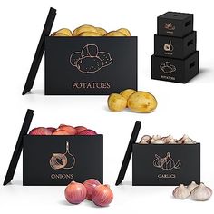 three boxes with onions and potatoes in them