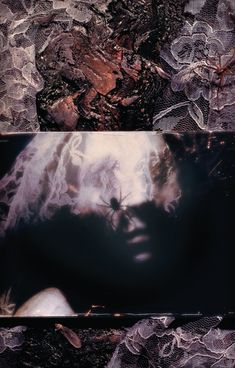 an abstract photograph of a woman's face and hair in different shades of black, white, and brown