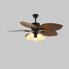 a ceiling fan with three light bulbs on it's blades and two lights in the middle