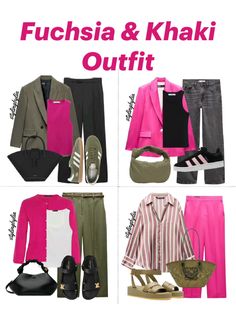 Fuchsia and khaki outfit combinations Hot Pink And Khaki Outfit, Pink Khaki Outfit, Khaki Pink Outfit, Pink Colour Combinations Clothes, Magenta Color Combinations Outfit, Hot Pink Color Combinations, Pink And Khaki Outfit, Green And Khaki Outfit