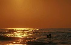 two people swimming in the ocean at sunset