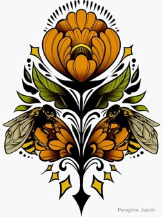 an orange and black flower with two bees on it's side, surrounded by leaves