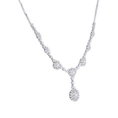 Indulge in luxury with our exquisite Luscious Lariat Diamond Necklace. Adorned with clusters made up of 5 1/3 carats in round brilliant diamonds all set in 14 karat gold, this elegant drop necklace exudes sophistication. Elevate any ensemble with this timeless piece and sparkle from every angle. Cubic Zirconia Lariat Necklace Fine Jewelry, Diamond Lariat Backdrop Necklace In Fine Jewelry Style, Wedding Lariat Necklace With Diamond Accents In Cubic Zirconia, Fine Jewelry Diamond Lariat Necklace For Wedding, Fine Jewelry Lariat Diamond Necklace For Wedding, Diamond Lariat Necklace For Wedding, Elegant Diamond Lariat Necklaces, Wedding Fine Jewelry Lariat Diamond Necklace, Diamond Lariat Jewelry For Wedding