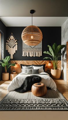 a bedroom with black walls and white bedding, potted plants on the floor