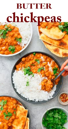 two plates of buttered chickpeas with rice and cilantro on the side