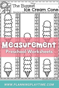 the ice cream cone measurement worksheet is shown with text overlaying it