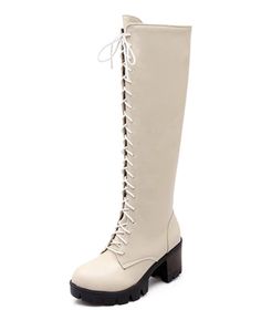 Department Name: Adult Item Type: Boots Insole Material: Short Plush With Platforms: Yes Outsole Material: Rubber Platform Height: 0-3cm is_handmade: Yes Boot Height: Knee-High Heel Type: Square heel Heel Height: High (5cm-8cm) Closure Type: Lace-Up Toe Shape: Round Toe Upper Material: PU Fashion Element: Platform Season: Spring/Autumn Lining Material: Short Plush Boot Type: Basic Pattern Type: Solid Heel Height: 7cm women boots: knee high boots women Leather Style: Soft Leather Platform Height: Beige Round Toe Knee-high Boots For Winter, Cream Platform Boots With Round Toe, Beige High Heel Wide Calf Boots, Winter Beige Lace-up Heels, Beige Lace-up Heels For Winter, Beige High Heel Lace-up Boots, Beige High Heel Leather Martin Boots, Beige Faux Leather Closed-toe Boots, Cream Fitted Round Toe Heeled Boots