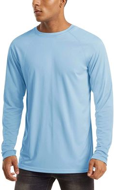 Men's UPF 50+ UV Long Sleeve Athletic Shirts Blue Crew Neck Tops For Water Sports, Casual Long Sleeve Tops For Water Sports, Casual Rash Guard With Moisture-wicking, Casual Crew Neck Rash Guard For Water Sports, Casual Blue Rash Guard For Water Sports, Blue Casual Rash Guard For Water Sports, Moisture-wicking Crew Neck Top For Water Sports, Blue Long Sleeve Moisture-wicking T-shirt, Casual Long Sleeve Blue Rash Guard