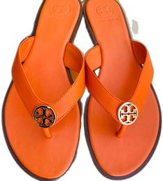 Orange Leather Slip-on Sandals, Luxury Orange Leather Sandals, Orange Leather Sandals With Cushioned Footbed, Designer Orange Sandals With Round Toe, Luxury Orange Sandals With Removable Insole, Orange Leather Sandals For Vacation, Gold Orange, Orange Gold, Orange Juice