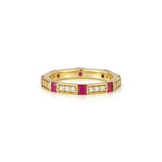 Drawing inspiration from the 1930's Streamline Moderne movement, sleek curves and horizontal lines sculpt architectural adornments of structure and sophistication. This 18-karat yellow gold Eternity ring features princess cut Rubies and Diamonds and a perfect complement to that special ring. Product Details Gemstone: Ruby 0.70ct Diamonds: 0.41ct GH-VS color and clarity Metal: 18kt yellow gold, Carelle signature Matte finish Luxury Ruby Ring Channel Set For Anniversary, Elegant 14k Gold Ruby Ring With Half Eternity Design, Elegant Half Eternity Ruby Ring For Formal Occasions, Luxury Yellow Gold Eternity Band Channel Set, Elegant Ruby Ring Channel Set For Anniversary, Elegant Channel Set Ruby Ring For Anniversary, Elegant Ruby Ring With Channel Setting, Luxury Baguette-cut Ruby Ring In Yellow Gold, Elegant Baguette Cut Ruby Ring