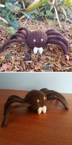 there is a crocheted spider on the ground next to an image of a stuffed spider