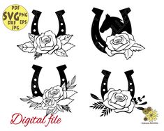 four black and white images with roses on them, one in the shape of a horseshoe