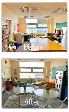 before and after photos of an office space with tables, chairs, refrigerators and other furniture