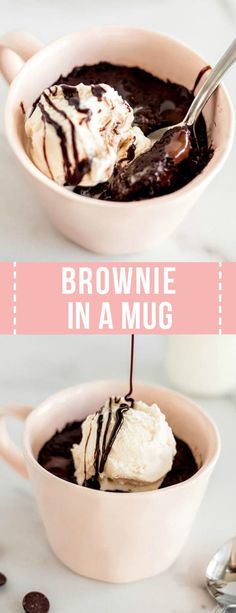 two bowls filled with chocolate pudding and ice cream, one in a mug the other in a bowl