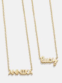 Spell it out with the 18K Gold Mini Nameplate Necklace. This custom name piece features a modern gold chain attached to your choice of a pavé or gold nameplate. Featuring the personalization of your choosing. Crafted with 18K gold plated sterling silver and Cubic Zirconia stones, you'll be wearing it for years to come. Luxury Customizable Nameplate Necklace, Luxury Nameplate Necklace For Personalized Gift, Luxury Personalized Nameplate Necklace, Luxury Gold Name Necklace With Custom Name, Luxury Yellow Gold Name Necklace For Personalized Gift, Luxury Yellow Gold Name Necklace As Personalized Gift, Luxury Gold Nameplate Necklace, Luxury Customizable Nameplate Necklaces, Customized Signature Nameplate Necklace