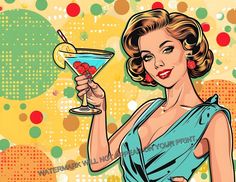 a woman in a blue dress holding a martini glass with cherries on the rim