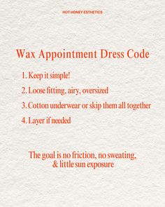 Did you know there’s a dress code for waxing? Like & Save this post for some inspo on how to dress for you next appointment Hot Honey Esthetics 📍Mableton, GA Phenix Salon Suites 5015 Floyd Rd. #esthetician #waxing #waxsalon #bodywaxing #waxstudio #fullbodywax #georgiawaxer #mabletongeorgia #skincare #professionalwaxing #esthetics#mabletonesthetician #mabletonbrows #mabletonwaxing #waxingeducation #coolgirlstyle #selfcaretips Leg Waxing Tips, Waxing Esthetics, Post Waxing Care, Waxing Information, Esthetic Tips, Book Your Wax Appointment, Waxing Suite, Waxing Instagram Posts, Waxing Tips Brazilian