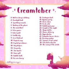 a pink and white poster with the words'creamtober'written in cursive writing