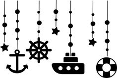 black and white silhouettes of boats, ships, and stars hanging from strings with beads