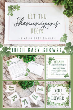 shamrocks o'baby themed baby shower invitation, shenanigans welcome sign irish banner Boy Baby Shower Ideas March, St Pattys Day Baby Shower Ideas, Baby Shower Ideas March, Baby Shower Themes March