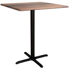 a square wooden table with black metal legs and a square wood top on an isolated white background