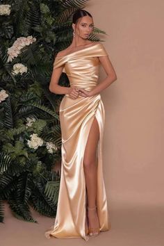 Off The Shoulder Charmeuse Prom Dress Split Mermaid Champagne Prom Dress, Formal Wedding Guests, Prom Dresses Long Mermaid, Floor Length Prom Dresses, Prom Dresses Sleeveless, فستان سهرة, Mermaid Prom Dresses, Gold Dress, Custom Dresses