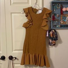 Nwt!! Brown Ruffled Midi Dress, Fitted Brown Dresses With Ruffles, Brown Mini Dress With Ruffle Hem For Brunch, Brown Ruffle Hem Mini Dress For Brunch, Chic Brown Mini Dress With Ruffle Hem, Chic Brown Midi Dress With Ruffle Hem, Brown Ruffle Hem Dress For Day Out, Brown Ruffled Midi Dress For Party, Brown Ruffle Hem Dress