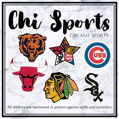 chicago bulls, chicago stars and chicago cubs on marble with the chicago sports logo in black