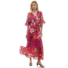 Step into style with this women's Figueroa & Flower flutter sleeve tiered maxi dress.Click on this WOMEN'S GUIDE to find the perfect fit and more! Step into style with this women's Figueroa & Flower flutter sleeve tiered maxi dress.Click on this WOMEN'S GUIDE to find the perfect fit and more! FEATURES V-neck Flared elbow sleeves Fit & flare silhouette Bubble plaid construction Tiered hem No closure - pullover styling Coordinating belt Fully linedFIT & SIZING 55-in. length from shoulder to hem Maxi length hits at the ankle Elastic waistbandFABRIC & CARE Polyester, spandex Lining: polyester Machine wash and line dry Imported Size: Medium. Color: Magenta Gold. Gender: female. Age Group: adult. Spring Beach Maxi Dress With Flutter Sleeves, Bohemian Tiered Maxi Dress For Brunch, Summer Floral Print Tiered Maxi Dress, Summer Tiered Printed Maxi Dress, Summer Tiered Maxi Dress With Print, Pink Tiered Maxi Dress For Summer, Pink Maxi Dress With Ruffle Hem For Vacation, Pink Tiered Skirt Maxi Dress For Summer, Pink Tiered Maxi Dress For Vacation