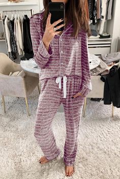 Wrap yourself in the casual elegance of this heathered 2 Piece Nightwear Pajama Sets. With a soft texture and a cozy fit, it's designed to bring a stylish yet comfortable update to your sleepwear collection. Features: EXQUISITE MATERIAL BLEND – This pajama set is made from a blend of 95% Modal and 5% Spandex, which gives it a soft modal jersey feel that is both breathable and pleasantly cool to the touch. ELEGANT ENSEMBLE – It features a long-sleeved top with a button-down front and a classic pocket, coupled with elastic-waisted pants, all detailed with contrasting piping for a timeless sleepwear aesthetic. IDEAL FOR GIFTING – This silky-smooth pajama set, a classic choice for unwinding at home, makes a thoughtful gift for special occasions and celebrations. EASY CARE INSTRUCTIONS – Design Cozy Fit Long Sleeve Sleepwear For Relaxation, Casual Winter Sleepwear For Relaxation, Comfortable Fall Sleepwear For Loungewear, Comfortable Fall Sleepwear, Comfortable Sleepwear For Fall, Casual Cozy Sleepwear For Loungewear, Comfortable Cozy Fit Sleepwear For Loungewear, Cozy Red Long Sleeve Sleepwear, Cozy Fit Sleepwear For Pajama Party In Fall