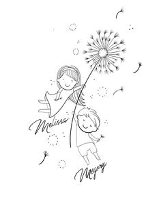 a black and white drawing of two children holding a dandelion