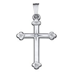 A polished sterling silver budded cross pendant with a diamond accent and engraved accents on a Rolo-style chain necklace. Diamond Total Weight: 0.01 ct Cross Dimensions: 14 mm W x 28 mm H Chain Length: 18" Circle Monogram, Necklace Diamond, Jewel Box, Cross Pendant Necklace, Hand Engraving, Chain Lengths, Cross Pendant, Chain Length, Chain Necklace