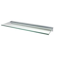 a glass shelf that is on top of a white wall and has a metal edge