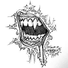 an ink drawing of a mouth with teeth