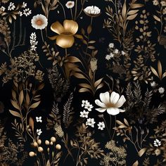 Odette Arboretum Wallpaper - Painted Paper Peel And Stick Wallpaper Ideas, Woodland Pattern, Gold Backdrop, Flower Dance, Gold Palette, Salon Suites, Black Backdrops, Botanical Illustrations, Botanical Wallpaper