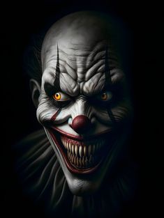 an evil clown with yellow eyes and red nose is shown in the dark, looking like he