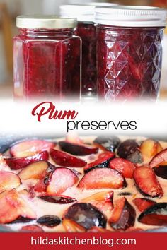 plum preserves recipe in jars with text overlay