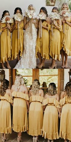 the bridesmaids are all dressed in yellow dresses