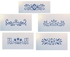 four stencils with different designs on them, each one in blue and the other in white