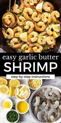 easy garlic butter shrimp recipe in a skillet with lemons and parsley