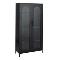 a tall black cabinet with two doors